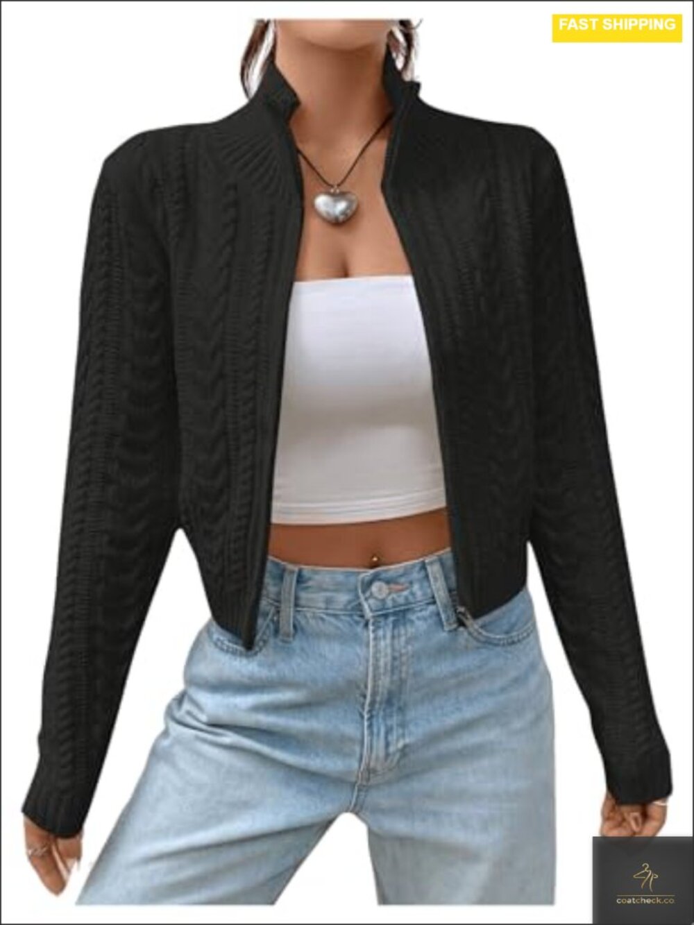 Cropped Cable Knit Zip Up Cardigan Sweater Long Sleeve Mock Neck Lightweight